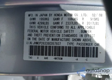 2008 Honda Accord 2.4 Lx z USA, uszkodzony, nr VIN JHMCP26338C057937